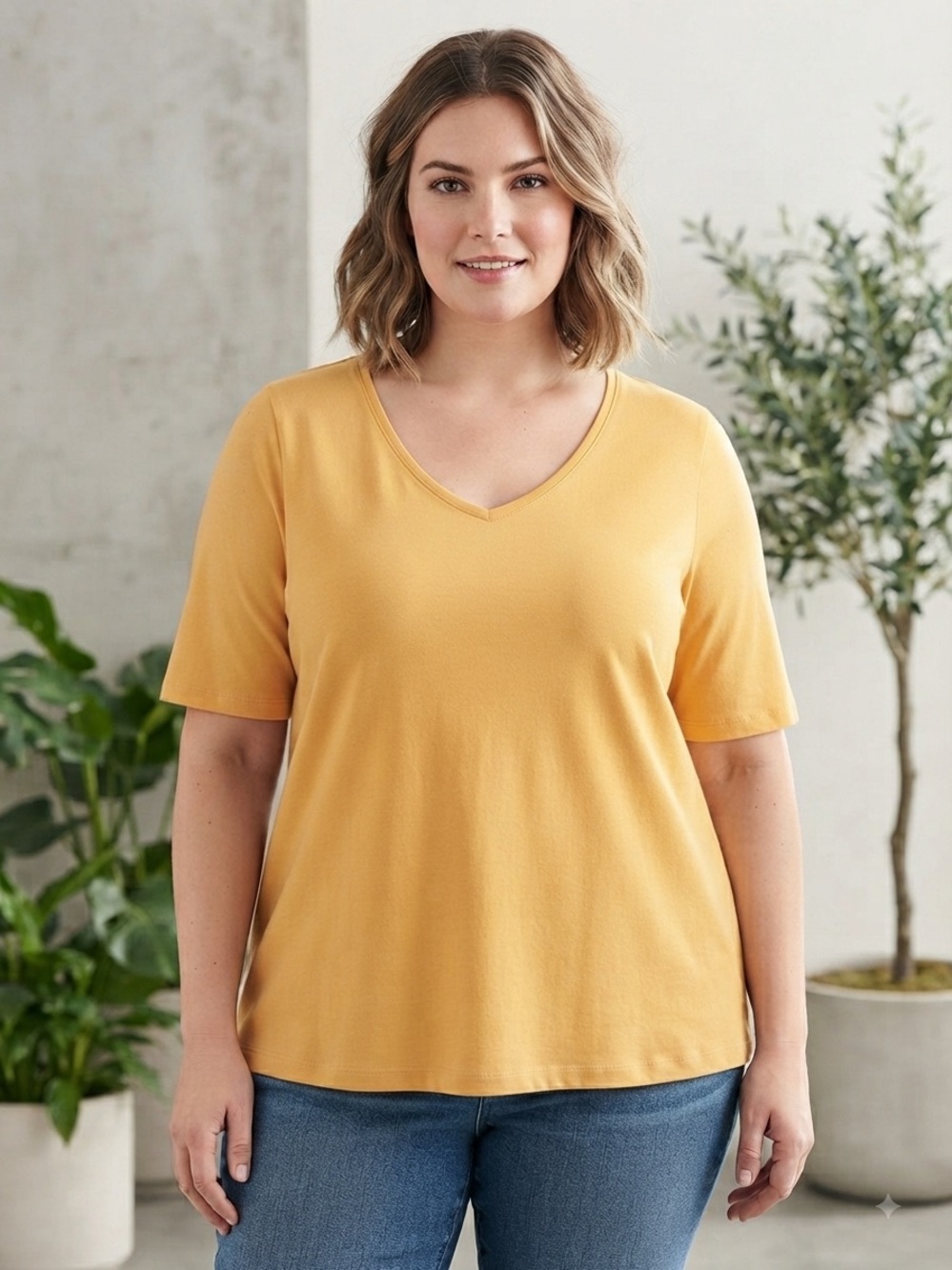 J. Jill Yellow V-Neck Pima Cotton Short Sleeve Tee 1X